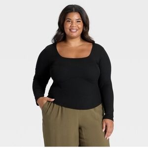 Women's Slim Fit Long Sleeve Corset Top - A New Day Black 2X